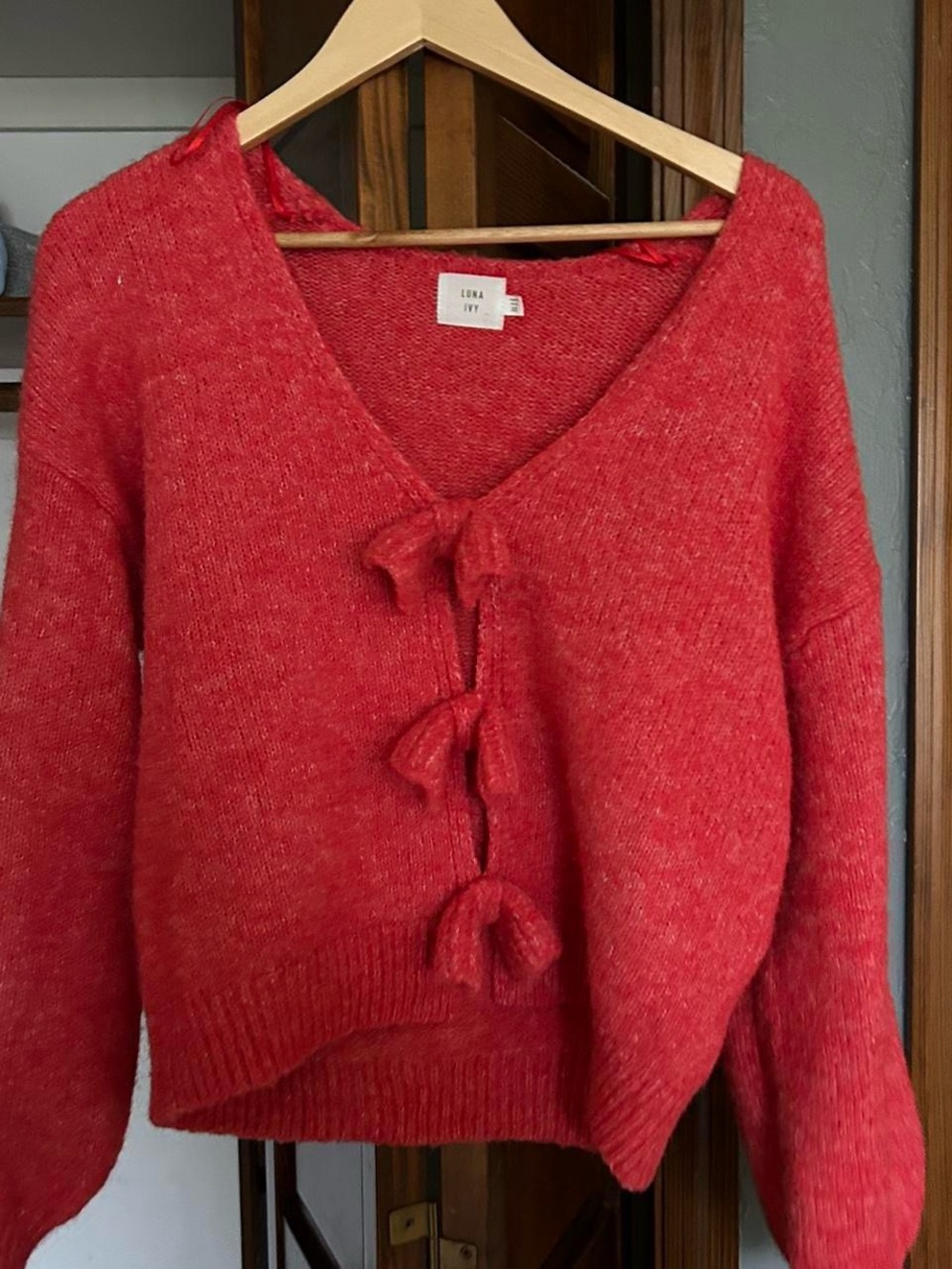 Luna Ivy Red Tie-Front V-Neck Sweater